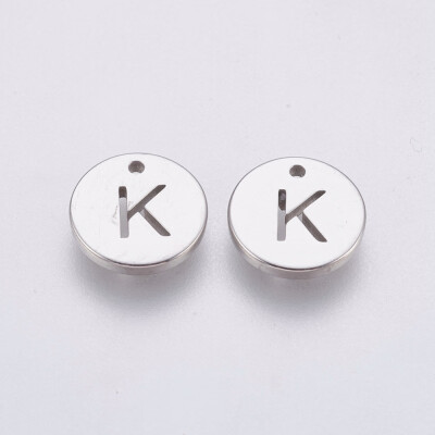 

304 Stainless Steel Charms Flat Round with Letter Stainless Steel Color LetterK 10x1mm Hole 1mm