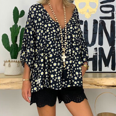 

Womens Summer Floral Print Tops V Neck 43 Sleeve Casual Shirts Plus Size Blouse