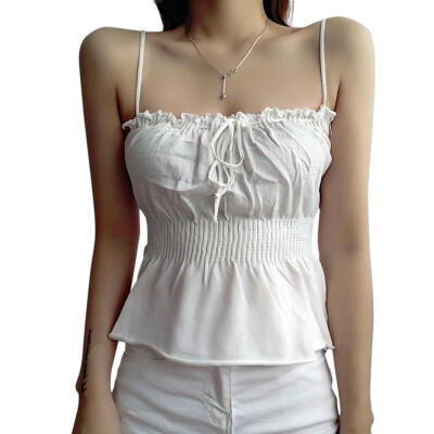 

Women Sleeveless Solid Defined Waist Knitted Backless Drawstring Strap Vest