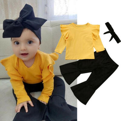 

3pcs Newborn Baby Girl Solid Ruffle Tops Flare Pants Headband Outfit Set Clothes