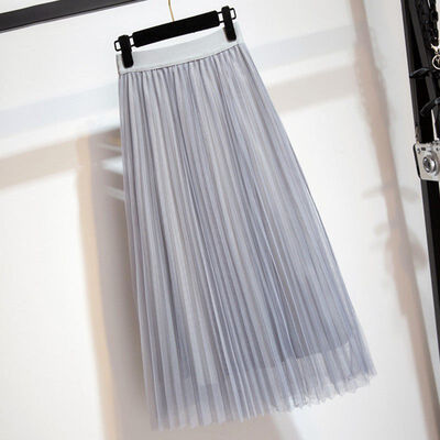 

Women Fashion High Waist Mesh Skirt Knee-length Tulle Skirt Female Sweet Midi Pleated Skirts