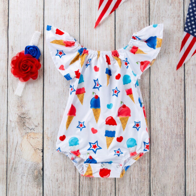 

Toddler Baby Girls 4th Of July Fly Sleeve Stars Print RomperHeadbands Outfit