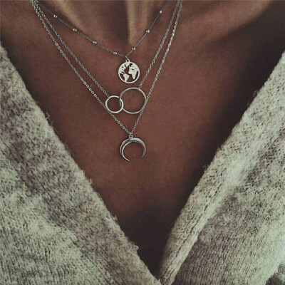 

Bohemian Wanderlust Gypsy Necklace For Women Silver Long Chain Layered Choker Circle World Map Earth Moon Necklace Boho Jewelry