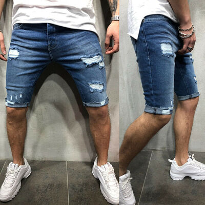 

Mens Straight Slim Short Jeans Casual Pants Ripped Skinny Denim Shorts Trousers