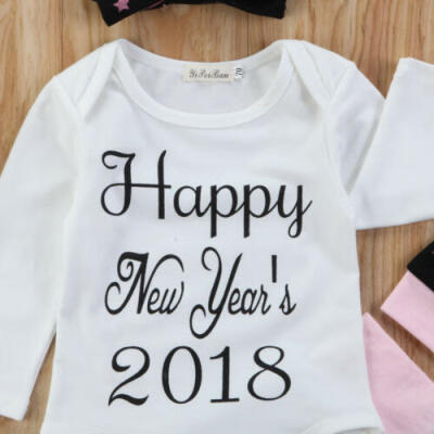 

4Pcs Newborn Baby Girls New Year Outfit Bodysuit Pant Hat baby Clothes set