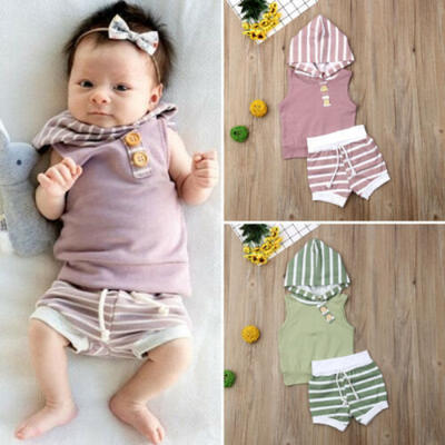 

US Newborn Baby Girl Boy Clothes Hooded Stripe Tops Short Pants Summer Outfits