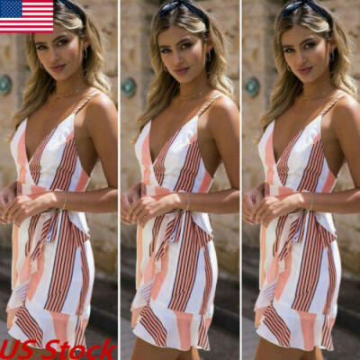 

US Women Summer Beach Strappy Dress Ruffle Striped V-Neck Sundress Holiday Dress