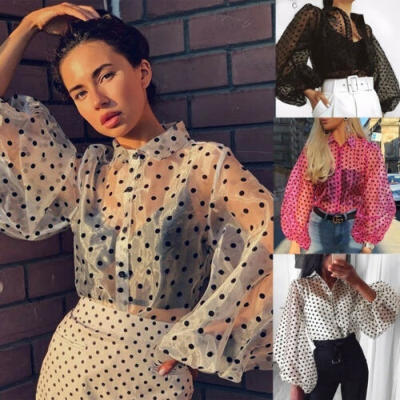 

Women Polka Dot Sheer See-through Long Puff Sleeve Tops Blouse Club T Shirts