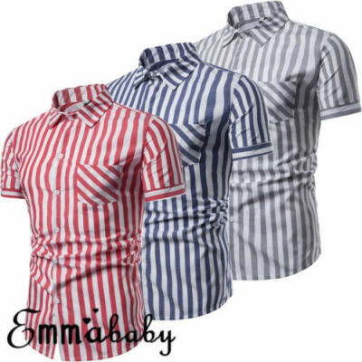 

Fashion Mens Summer Casual Dress Shirt Stripe Short Sleeve T Shirts Tops