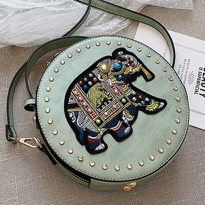 

Diamond small round bag 2019 new summer Joker Korean elephant embroidery rivet Messenger bag shoulder bag