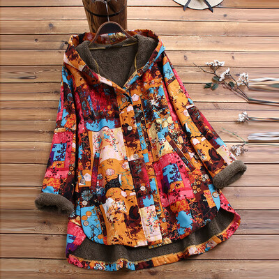 

Toponeto Women Vintage Printed Asymmetrical Button Plus Size Hooded Coat Jacket Overcoat