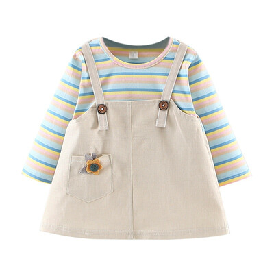 

Children Girls Autumn Cute Stripes Print Fake Two Piece Bottoming Long Sleeved Sweet Princess Dress