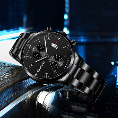 

Gobestart CUENA Mens Business Steel Belt Watch Three Eyes Calendar Quartz Watch