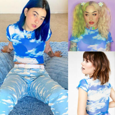 

Hot Womens Summer Korean Short-sleeved T-shirt Perspective Cloud Printing Tops