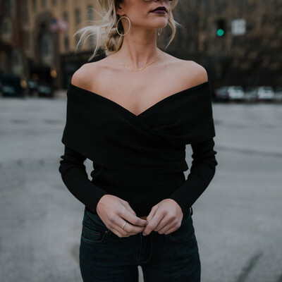 

Womens Off-shoulder Deep V-neck Long Sleeve Tops Slim Fit Solid Sexy Blouse