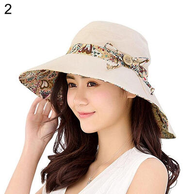 

Women Summer Beach Travel Bowknot Wide Brim Sun Hat Reversible Foldable Cap