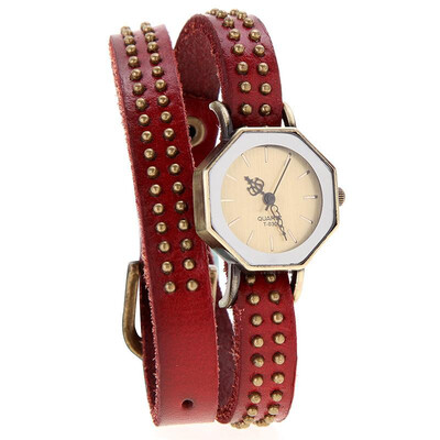 

Women Lady Quartz Wrist Watch Vintage Rivets Octagon Bronze Wrap Strap Bracelet