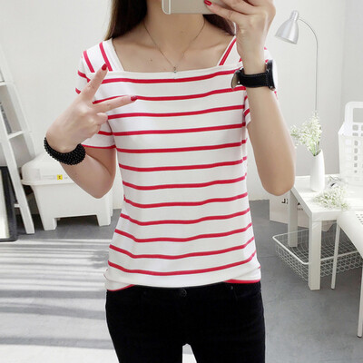 

Nomeni Women Summer Short Sleeve Slim Fit Square Neck Casual Stripes Top Tee Shirt