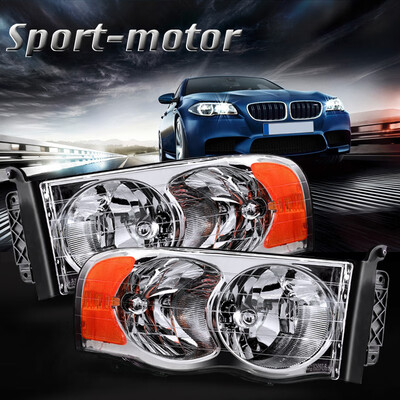 

Headlight Assembly for 2002-2005 Dodge Ram Pickup Headlamps Replacement Chrome Housing Amber Reflector Clear Lens