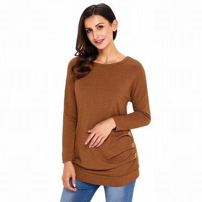 

Double shoulder round long sleeve side button solid color casual straight top
