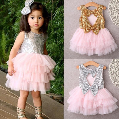 

Baby Girl Sequins Dress Bow Lace Tulle Tutu Cake Dress Gown Formal Party Dresses