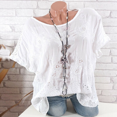 

Nomeni Women Casual Short Sleeve Lace Solid Fashion Loose Plue Size Tops Shirt Blouse