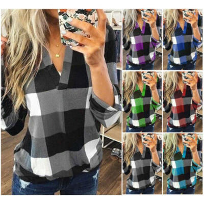 

Women V-Neck Check Lattice Plaid T-Shirt Tops Ladies Long Sleeve Casual Blouse