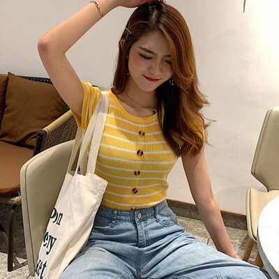 

Womens Korean Style Casual O Neck Striped Short Sleeve Slim Buttons Knitted T-Shirt