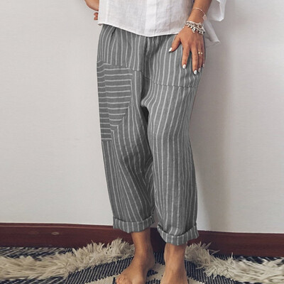 

Tailored Womens Full Length Pants Cotton High Waist Stripe Trousers Ladies Pants