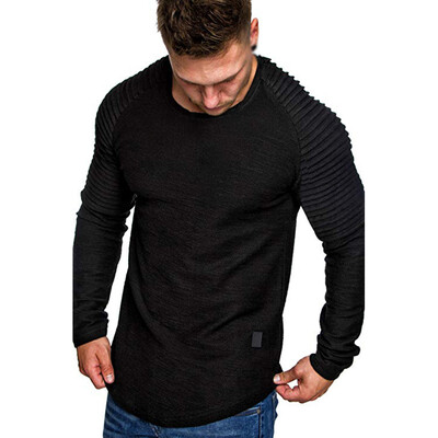 

Mens Muscle Pleated Long Sleeve Tops Round Neck Summer Slim T-Shirt Blouse