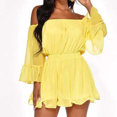

Starmoon Women Summer Solid Long Sleeve Slash-Neck Casual Rompers Jumpsuit