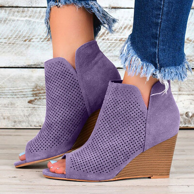 

Rose Womens Fish Mouth Casual Boots Square Pinhole Wedges Heel Ankle Short Booties