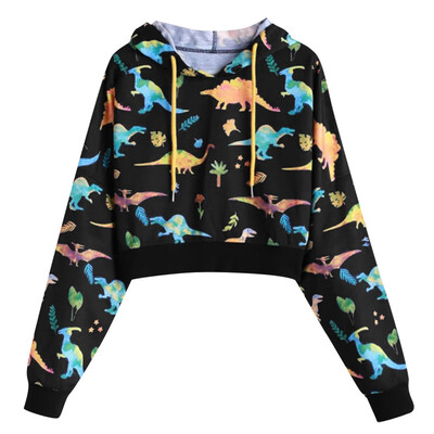 

Toponeto Womens Casual Dinosaur Print Long Sleeve Hooded Pullover Short Sweatshirt