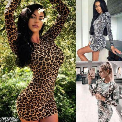 

Ladies Autumn Leopard Stretch Dress Long Sleeve Skinny Round Collar Mini Dress