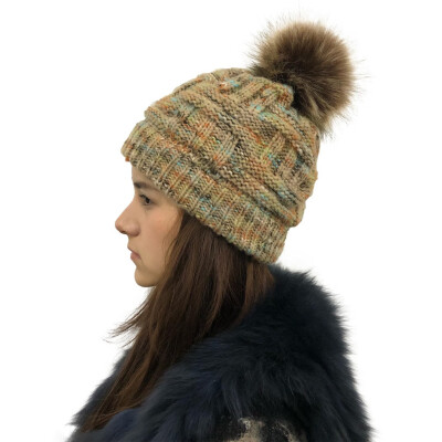 

Tailored Women Stitching Outdoor Faux Fur Ball Hats Crochet Knit Multicolor Beanie Cap