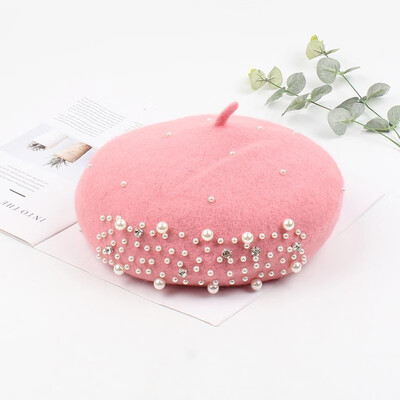 

Vintage Women Beret Hat Wool Beading Rhinestone Faux Pearl Adjustable Autumn Winter Sweet Pumpkin Hat