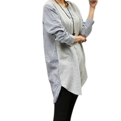 

Spring Women Pullover Long Sleeves Splicing Stripe Shirt Loose Long Blouses
