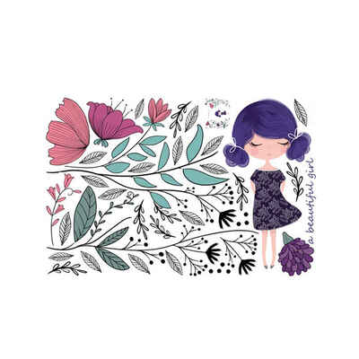 

60x90CM Cute Flower Girl Patterns Cartoon Style Wall Stickers Removable PVC Wall Decals Door Tattoo