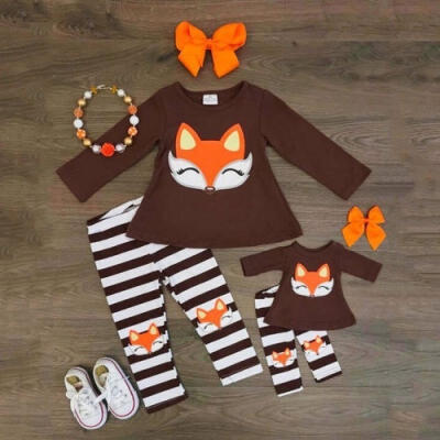 

2Pcs Toddler Baby Kids Girls Fall Outfit Fox T Shirt Top Dress Striped Pants Clothes Set