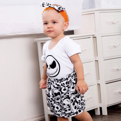 

3PCS Infant Baby Girls Skull Print Romper JumpsuitHeadbandSkirt Outfit Set