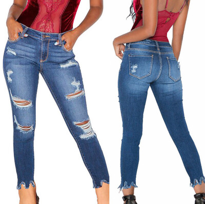 

〖Follure〗Women High Waist Stretch Hole Jeans Leggings Skinny Slim Fitness Pants Trousers