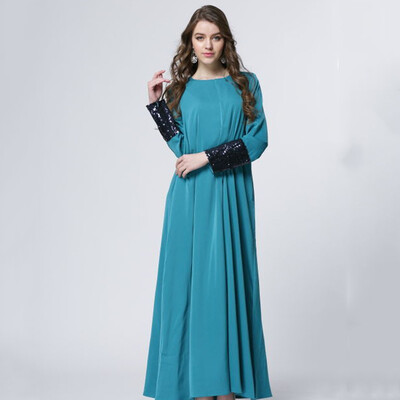

〖Follure〗Women O-Neck Solid Long Sleeve Sequin Patchwork Sleeve Muslim Custom Long Dress