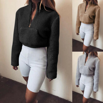 

Womens Zipper High Neck Fleece Pullover Tops Long Sleeve Winter Loose Hoodies