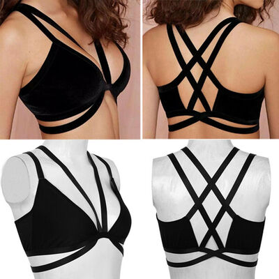 

Womens Cross Harness Strappy Lace Bra Bustier Vest Crop Top Bralette Blouse