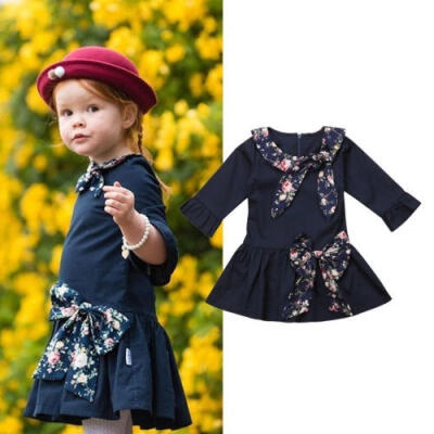 

Toddler Baby Girl Long Sleeve Floral Dress Party Bow-knot Dress Skirt