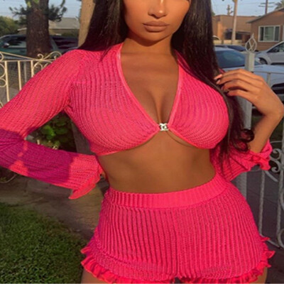 

2pcs Sexy Women See-through Hollow Knit Long Sleeve V-neck Heart Shape Single Button Bra Tank top High Waist Ruffles Shorts