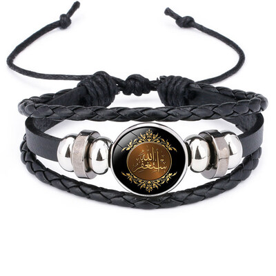 

Stylish Islamic Arab Allah Time Gem Bracelets Bangles Handmade Multilayer Leather Beaded Bracelets