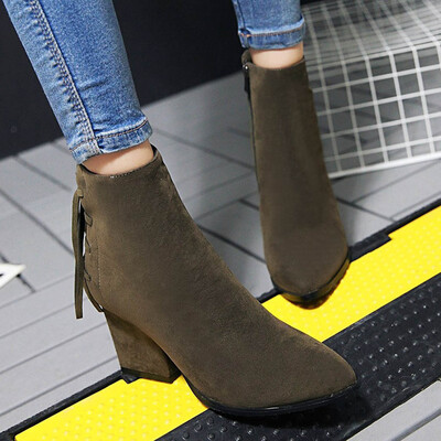 

Rose Fashion Pure Color Pointed Toe Zipper Boots Chunky Heels Vintage Women Boots