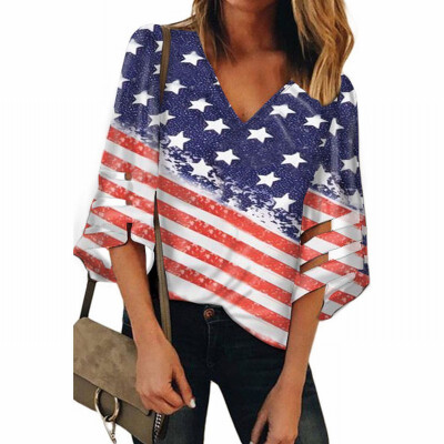 

Printed shirt Womens color V-neck cropped sleeves loose top