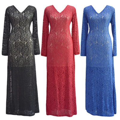 

Women Plus Size Lace Maxi Dress V-Neck Full Sleeve Lined Evening Party Solid Long Dress